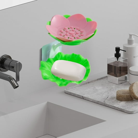 Double Layer Soap Dish Holder for Shower Cute Lotus Shape Adhesive Tray Wall Mounted No-Drilling Drain Soap Box Soap Rack for Bathroom Bathtub Kitchen Organization