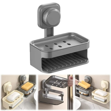 Double Layer Soap Dish for Shower,Wall Mounted Bar Soap Holder Suction Cup 2 Layer Self Draining Soap Case Sponge Holder for Shower Bathroom,Tub and Kitchen Sink,Drill-Free Tray,Grey