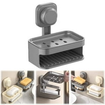 Double Layer Soap Dish for Shower,Wall Mounted Bar Soap Holder Suction Cup 2 Layer Self Draining Soap Case Sponge Holder for Shower Bathroom,Tub and Kitchen Sink,Drill-Free Tray,Grey