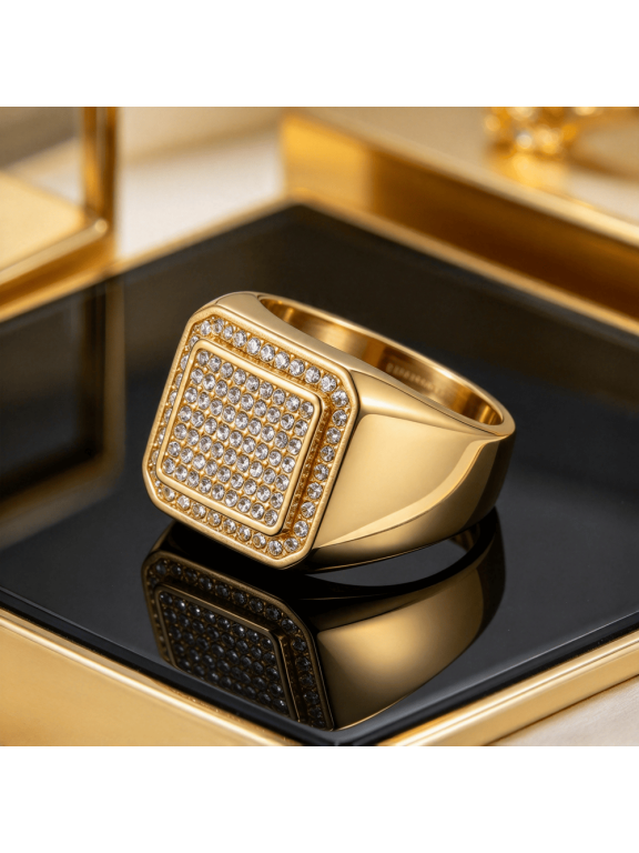 Double Layer Square Pave Signet Ring For Men Women 14K Gold Filled Luxe Craft Finger Jewelry