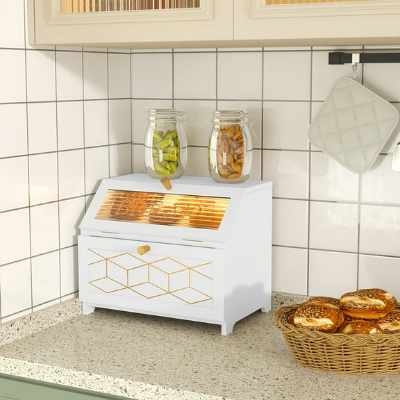 Double-Layer Square Wood Bread Box - Flip Top Design, Golden Trim, Countertop Storage for Homemade Bread, Keeps Fresh & Organized, Kitchen Essential