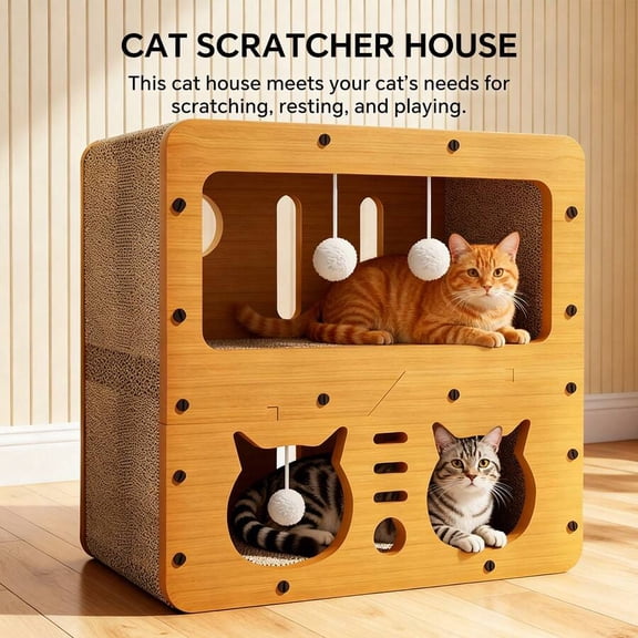 Double-Layer Standing Cat Scratching Post And Cat House Combination: Multi-Level Cat Apartment Made Of Wood And Corrugated Cardboard With A Comfortable Sleeping Loft