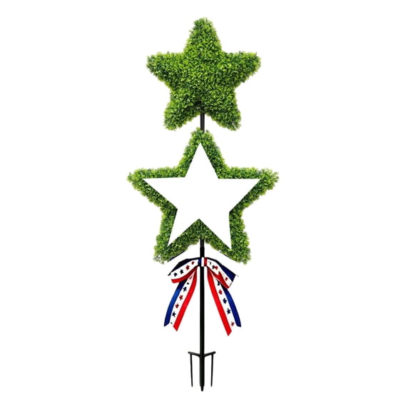 Double Layer Star Shaped Artificial Yard Tree Stake, Patriotic Faux Greenery Ground Plug for 4th of July Lawn, Flower Bed and Outdoor Independence Day Landscape Layout Prop Decor