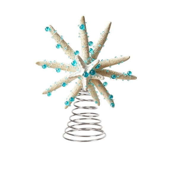 Double Layer Starfish Tree Topper Christmas Blue Beads Base Coastal Nautical Xmas Ornament Beach Style Holiday Tabletop for Halloween Party Home Decor