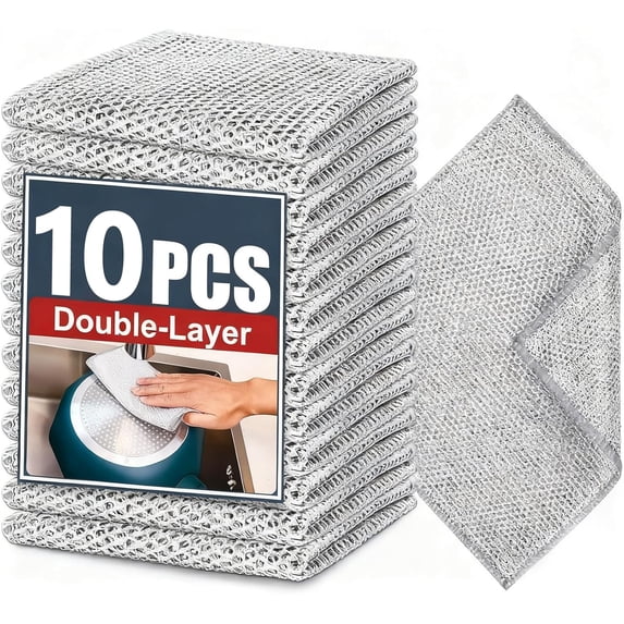 Double Layer Steel Wire Cleaning Cloth - Non Scratch Steel Wire Dish Cloth, Heavy Duty Wiping Pad, Multi-Functional Silver Mesh Cleaning Pad, Suitable for Dishes, Pots, Frying Pans (10 Pack)