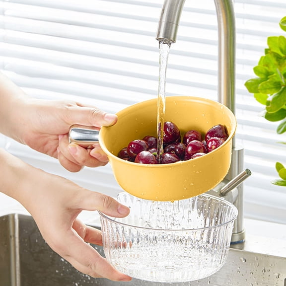 Double Layer Strainer Basket | Polypropylene Vegetable Rinse Bowl | Drainage Design, Ergonomic Grip, Versatile Kitchen Colander | White Yellow Green, 7.8 x 6.1 in, Easy Clean
