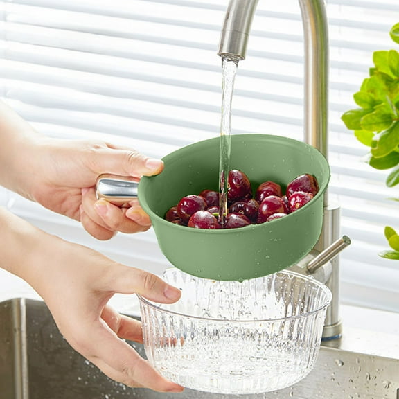 Double Layer Strainer Basket with Drain Holes, Ergonomic Grip Vegetable and Fruit Rinser, Kitchen Colander for Washing and Serving Produce(Green)