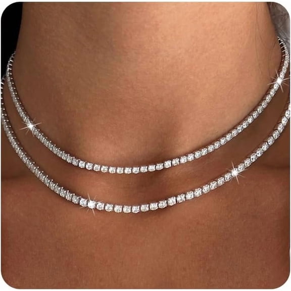 Double Layer Tennis Necklaces for Women - Dainty 14K Gold Plated and Silver CZ Tennis Necklace Simple Tennis Chain Sparkly Choker Necklaces for Women Trendy Silver Jewelry