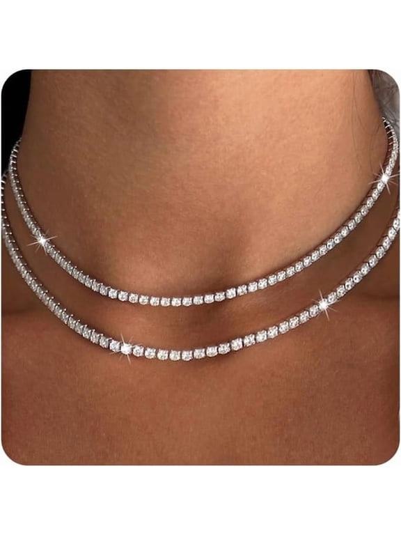 Double Layer Tennis Necklaces for Women - Dainty 14K Gold Plated and Silver CZ Tennis Necklace Simple Tennis Chain Sparkly Choker Necklaces for Women Trendy Silver Jewelry
