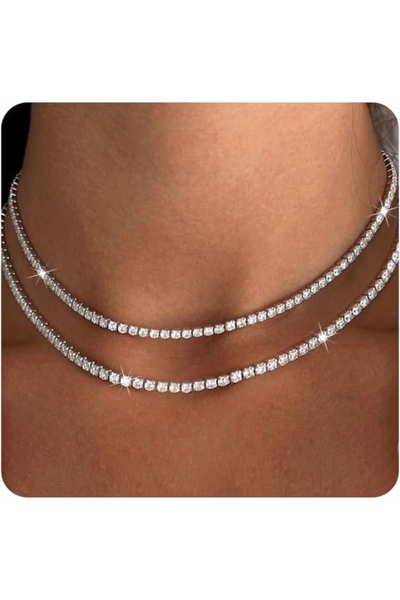 Double Layer Tennis Necklaces for Women - Dainty 14K Gold Plated and Silver CZ Tennis Necklace Simple Tennis Chain Sparkly Choker Necklaces for Women Trendy Silver Jewelry