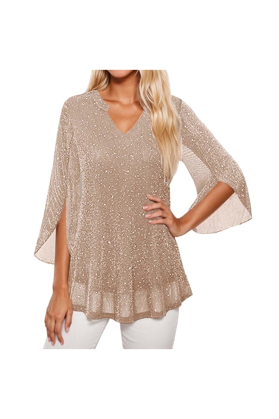 Double Layer Thread Mesh Loose Fit Blouse with Flared 3/4 Ruffle Sleeves, Sparkly Sequin V-Neck & Elegant Collar for Dressy Casual Summer & Fall Wear