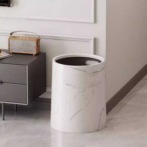 Double Layer Trash Can, Imitation Marble Design, 12L/3.17 Gallon Capacity, Plastic Wastebasket for Bathroom, Bedroom, Office, Kitchen & Living Room Spaces