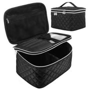 Double Layer Travel Makeup Bag Portable Cosmetic Bag with Divider Organizer Case for Storage Cosmetics Make up Brush Large Capacity Toiletry Bag for Women and Girls, Black