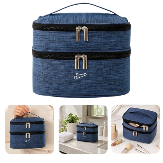 Double Layer Travel Makeup Bag, Oxford Fabric Cosmetic Organizer with Handle, Portable Large Capacity Toiletry Bag for Women
