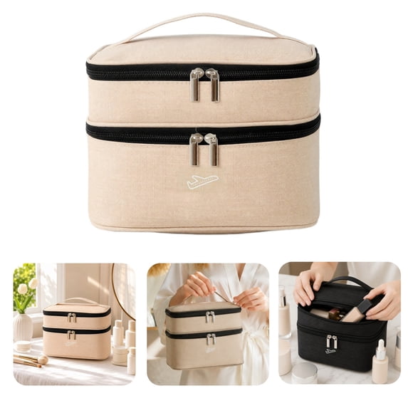 Double Layer Travel Makeup Bag, Oxford Fabric Cosmetic Organizer with Handle, Portable Large Capacity Toiletry Bag for Women