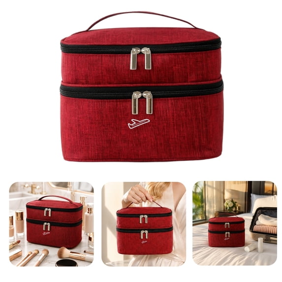 Double Layer Travel Makeup Bag, Oxford Fabric Cosmetic Organizer with Handle, Portable Large Capacity Toiletry Bag for Women
