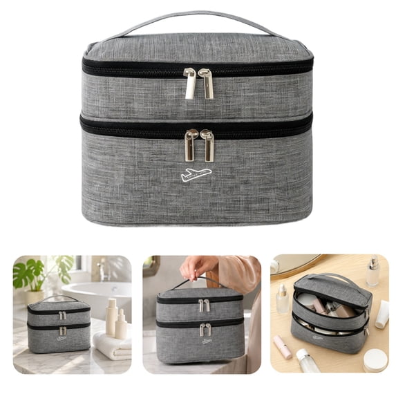 Double Layer Travel Makeup Bag, Oxford Fabric Cosmetic Organizer with Handle, Portable Large Capacity Toiletry Bag for Women