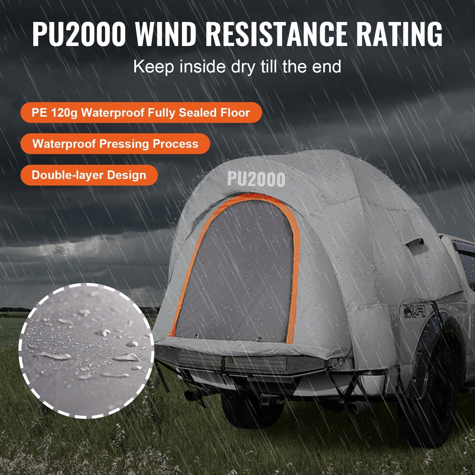 Double Layer Truck Tent for Camping, 6.4'-6.7' Pickup Bed, Waterproof PU2000mm with Rain Cover, Portable & Durable, 2-3 Person