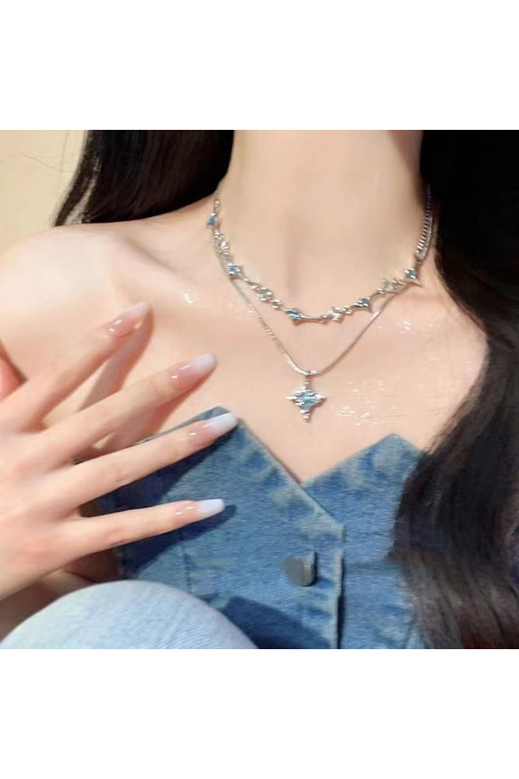 Double Layer Twin Blue Eight-pointed Stars Chain Necklace