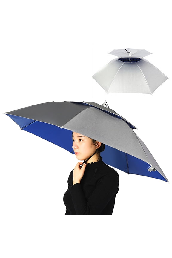 Double Layer Umbrella Hat Women Men Folding Sun Rain Cap with Adjustable Head Band for Fishing Camping Hiking