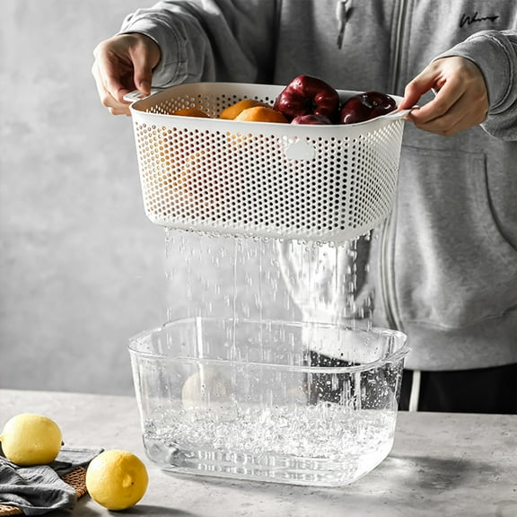 Double Layer Vegetable & Fruit Colander Basket with Lid | Plastic Draining & Storage Container | Kitchen & Refrigerator Organizer | 13.6x9x5.9 Inches | White Yellow Khaki Colors