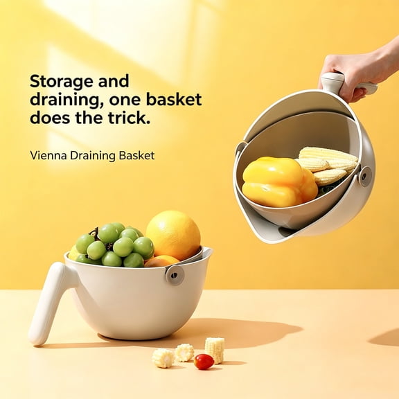 Double Layer Vegetable Fruit Spinning Colander with Handle Washing Draining Basket for Kitchen Sink Produce Prep