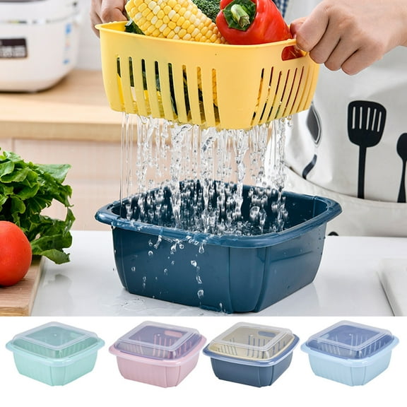 Double Layer Vegetable & Fruit Washing Basket with Lid | Food Grade Plastic Drainage Colander for Kitchen & Refrigerator Storage | Multi-Purpose Soak & Rinse Basket for Produce