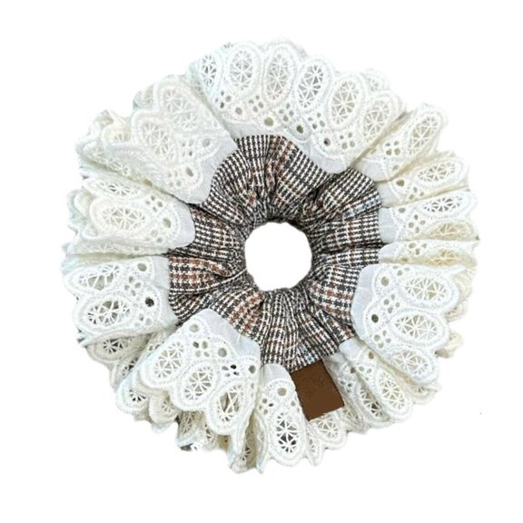 Double Layer Voluminous Hair Band Lace and Chequer Hair Rings Durabilty Hair Tie for Enhancing Hairstyles Wedding
