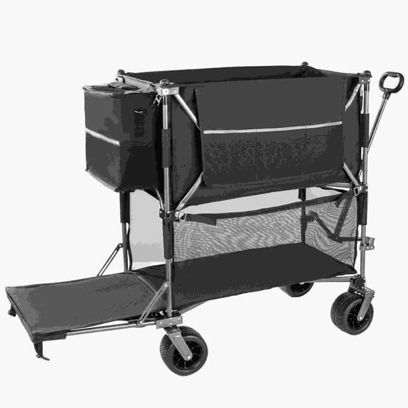 Double-Layer Wagon with Brakes, 560LBS Collapsible Wagon Cart for Camping, Fishing, Sports Transport, 55 Black Steel