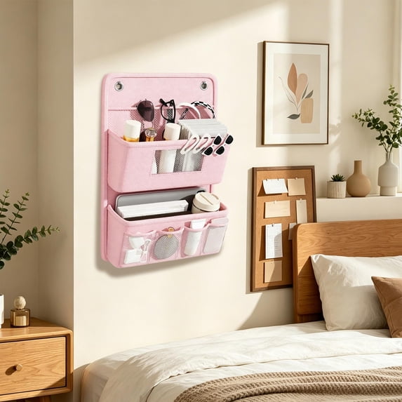 Double Layer Wall Mounted Storage Hanging Bag, Bedside Hanging Organizer for Bedroom, Durable Dorm Wall Storage Pouch for Phone Magazine Sundries Home Organization