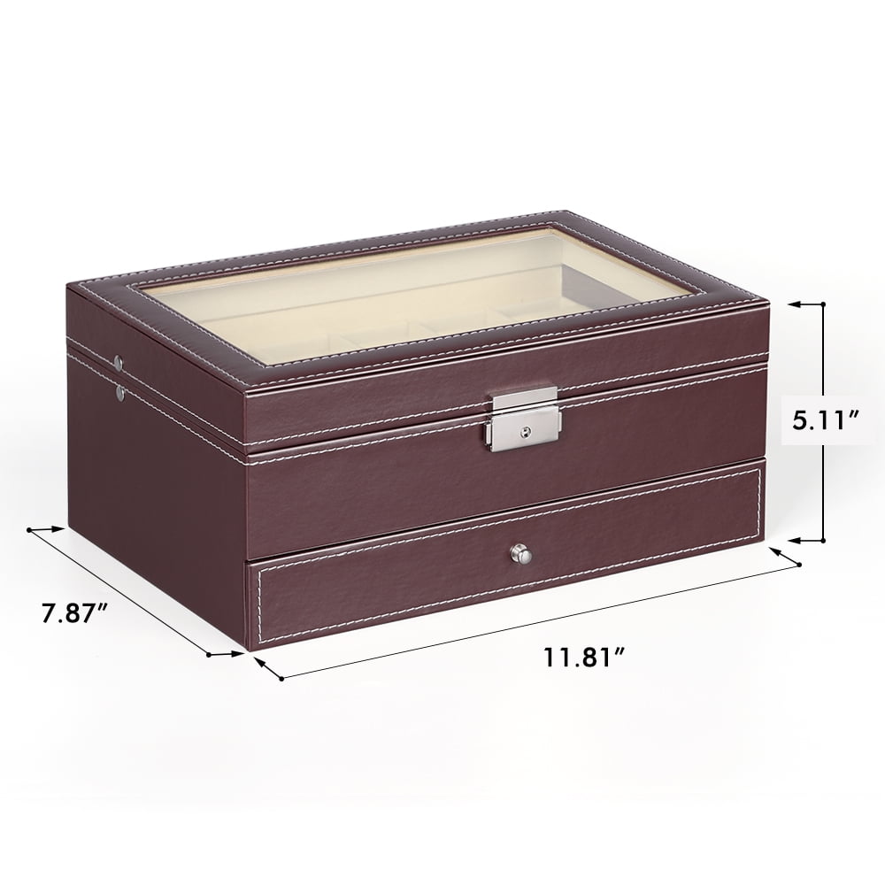 NEX Double Layer Watch Organizer Case with Jewelry Tray Drawer - Brown