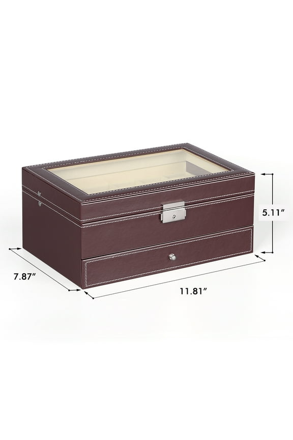 Double Layer Watch Organizer Case with Jewelry Tray Drawer - Brown