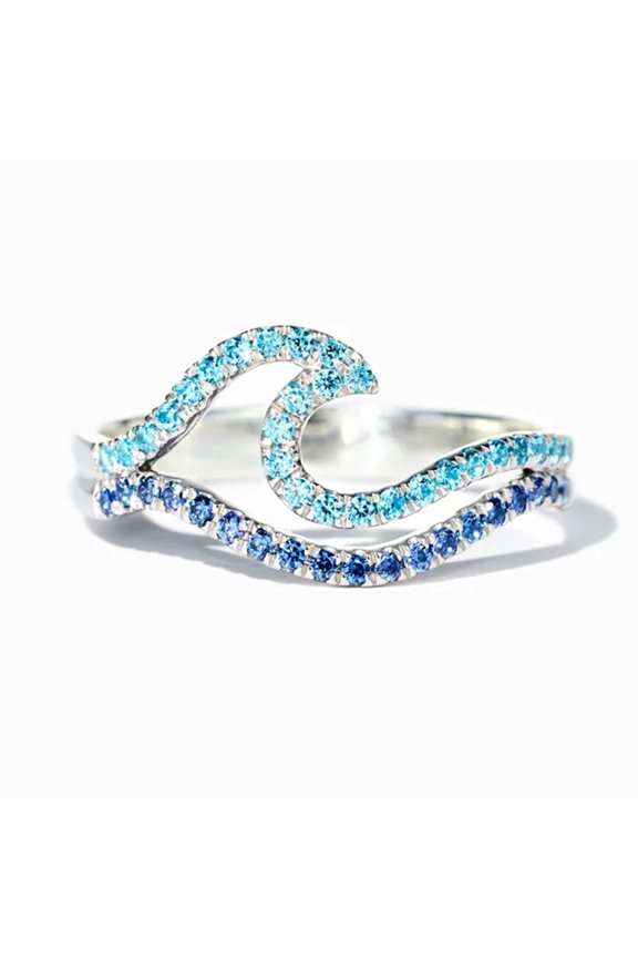 Double Layer Wave Gradient Blue Rings for Women Sea Design Fine Jewelry