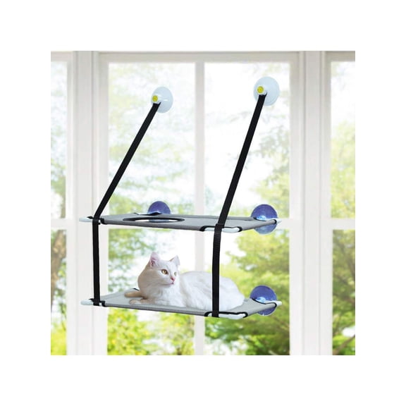 Double-Layer Window Perch Hammock with Two Scratching Posts - 20.08"x12.2"x11.02" Window Bed for Cats, Secure Suction Cup Mount, Indoor Cat Furniture for Lounging & Scratching