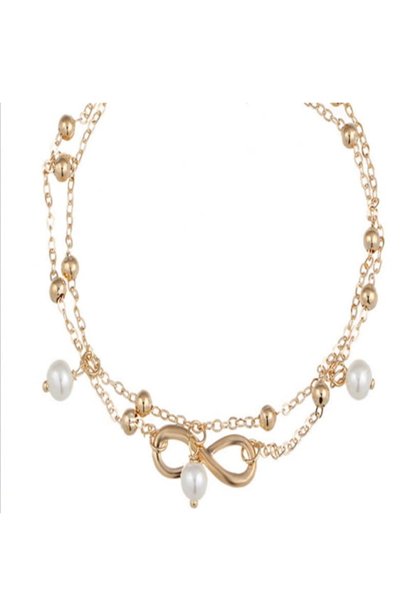 Double Layer Women's Anklet, Simple Faux Pearl Charm & Alloy Infinity Figure 8 Design, Fashion Daily Foot Jewelry