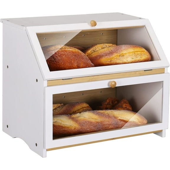 Double Layer Wood Bread Box with Clear See-Through Window White Large Capacity for 2+ Loaves
