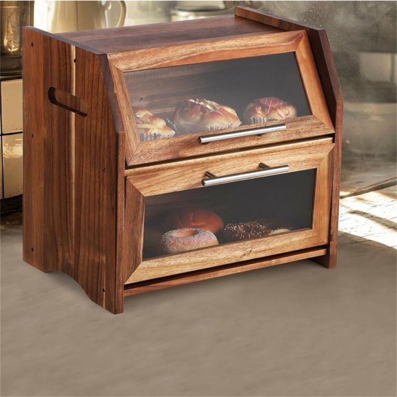 Double Layer Wooden Bread Box, Bread Storage Bin With See-Through Acrylic Doors and Ventilation Design, Countertop Organizer