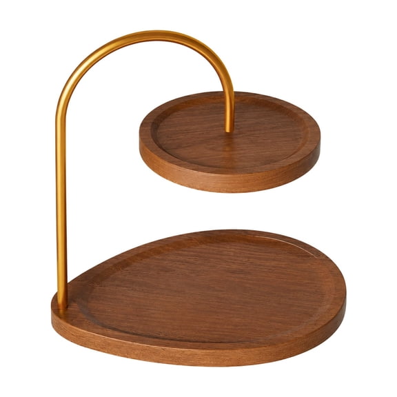 Double Layer Wooden Round Serving Stand Golden Curved Metal Frame Dessert Cupcake Cookie Tray For Wedding Brunch Tea Party Table Display