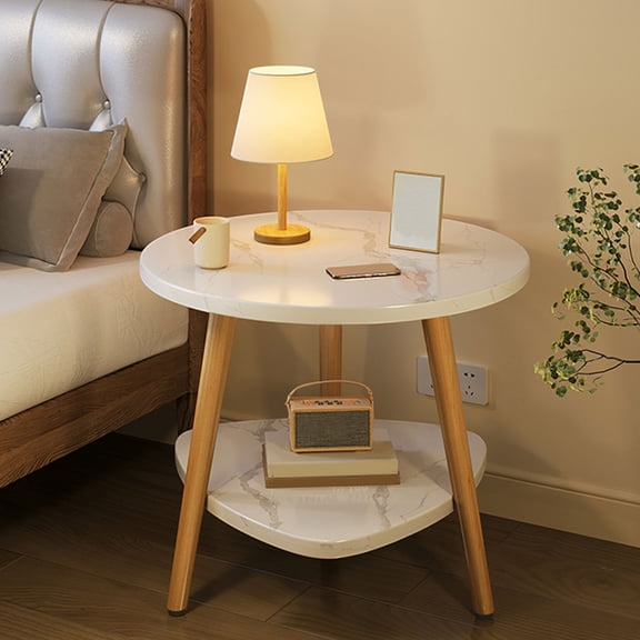 Double-Layer Wooden Sofa Side Table with Curved Edge and Open Storage, Small Round Coffee Table for Bedroom Balcony Living Room, Space-Saving Bedside Cabinet for Apartments Small Spaces