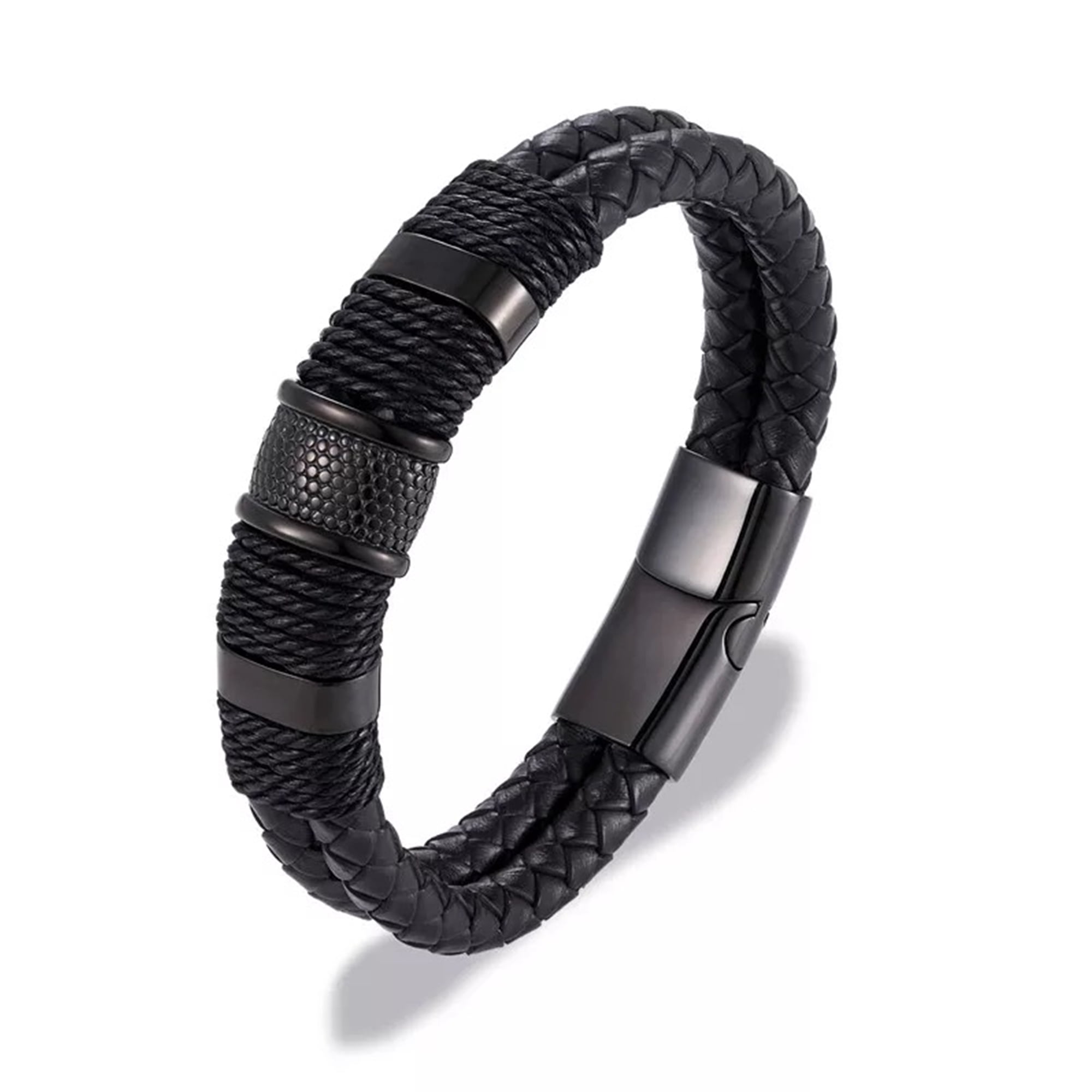 Double Layer Woven Leather Rope Bracelet for Men in 3 Lengths, Black, 9.0 in