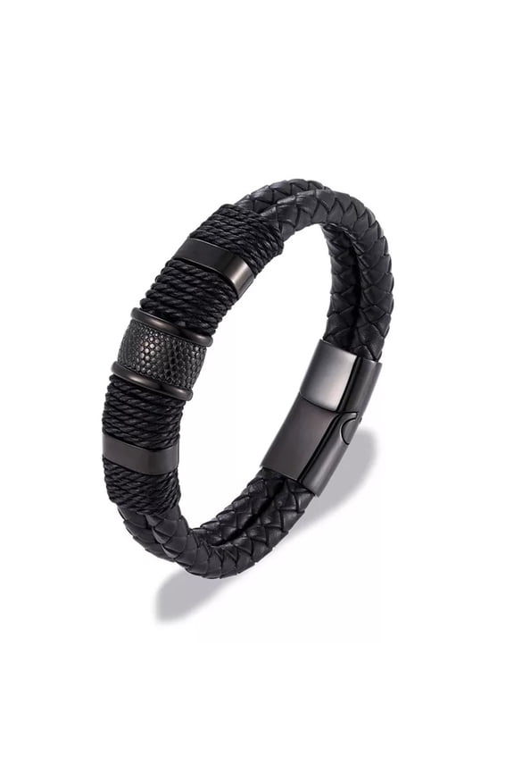 Double Layer Woven Leather Rope Bracelet for Men in 3 Lengths, Black, 9.0 in