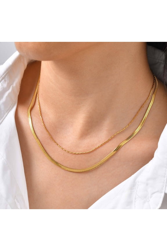 Double Layered 14K Gold Necklace, Snake Bone Chain Chokers for Women, Waterproof Jewelry