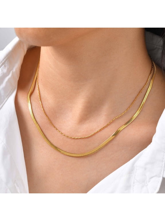 Double Layered 14K Gold Necklace, Snake Bone Chain Chokers for Women, Waterproof Jewelry