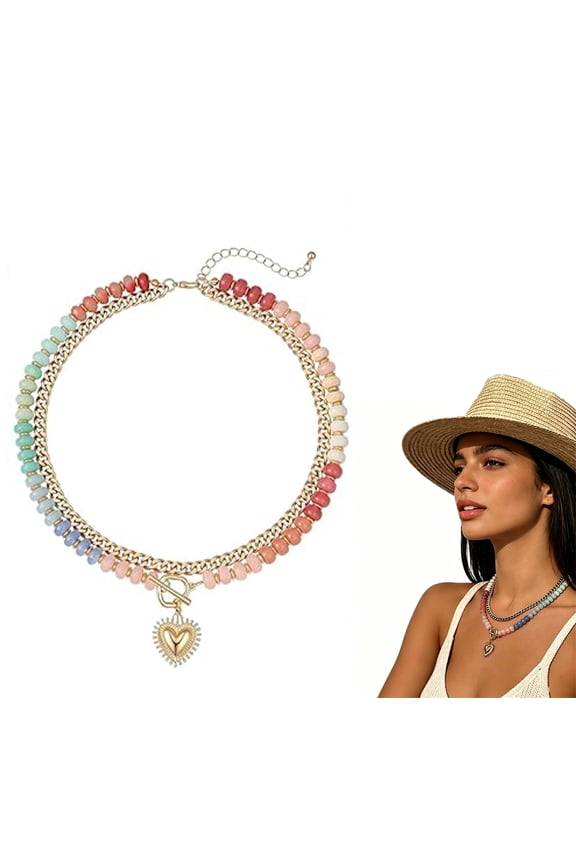 Double Layered Necklaces for Women, Colorful Stone Beaded Choker, Gold Heart Charm Pendant Customized Initial Chunky Chain Trendy Boho Summer Beach Necklace for Women