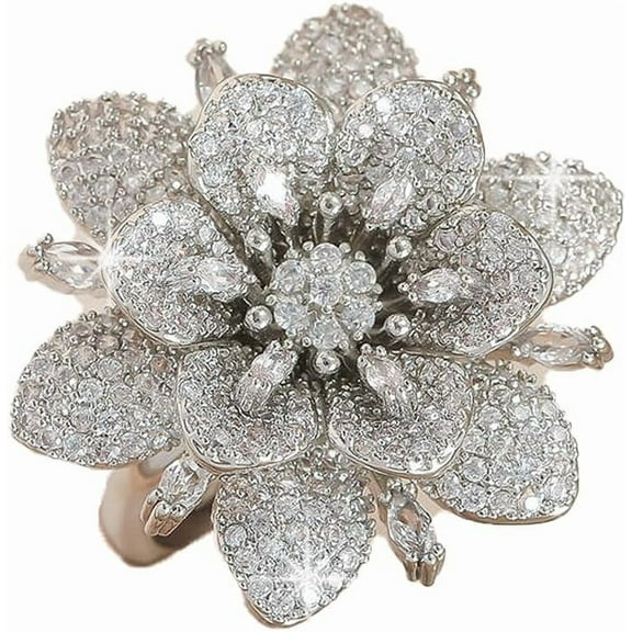 Double Layered Rhinestone Flower Ring for Women Cubic Zirconia Geometry Sunflower Wrap Finger Band Adjustable Open Bands Rings Engagement Jewelry