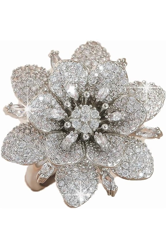 Double Layered Rhinestone Flower Ring for Women Cubic Zirconia Geometry Sunflower Wrap Finger Band Adjustable Open Bands Rings Engagement Jewelry