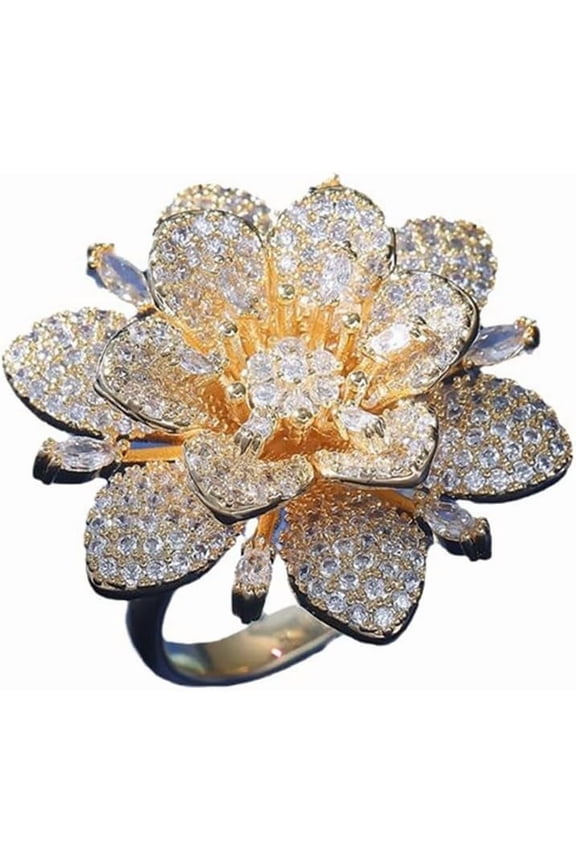 Double Layered Rhinestone Flower Ring for Women Cubic Zirconia Geometry Sunflower Wrap Finger Band Adjustable Open Bands Rings Engagement Jewelry