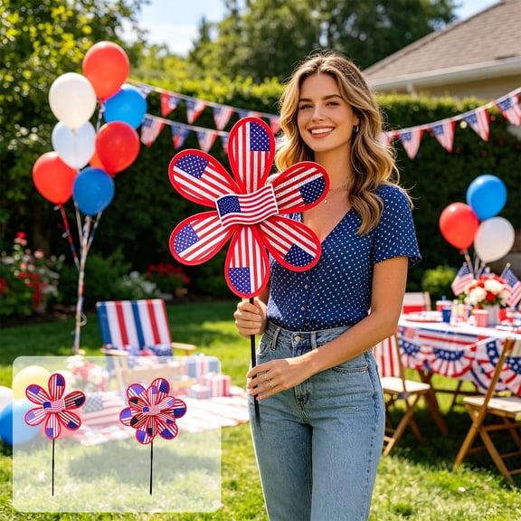 Double Layered Sequined Independent Day Decor Windmill, Decorative Garden & Yard Stake Decoration, American Flag Themed Rotating Windmill for Lawn, Patio & Outdoor Holiday Celebration Display, A