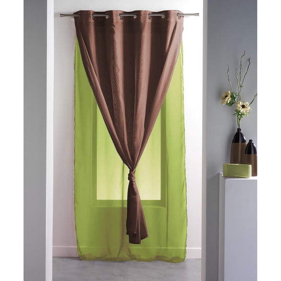 Double Layered Sheer Curtain Panel Grommet ROBIN Solid Two-colored 55 W x 95''L Green-Brown