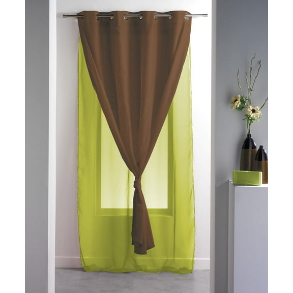 Double Layered Sheer Curtain Panel Grommet ROBIN Solid Two-colored 55 W x 95''L Green-Brown